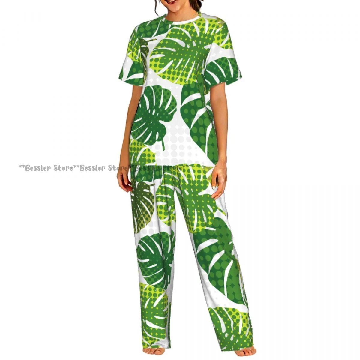 

Женский комплект из 2 предметов: летняя пижама с тропическим принтом, топ с короткими рукавами и брюки для сна
