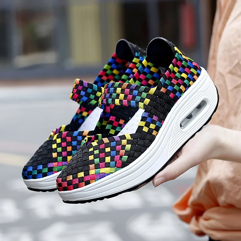 XIHAHA Breathable Casual Women Shoes Loafers Platform Wedges Autumn Woven Slip on Nylon High Heel Pumps Square Dancing
