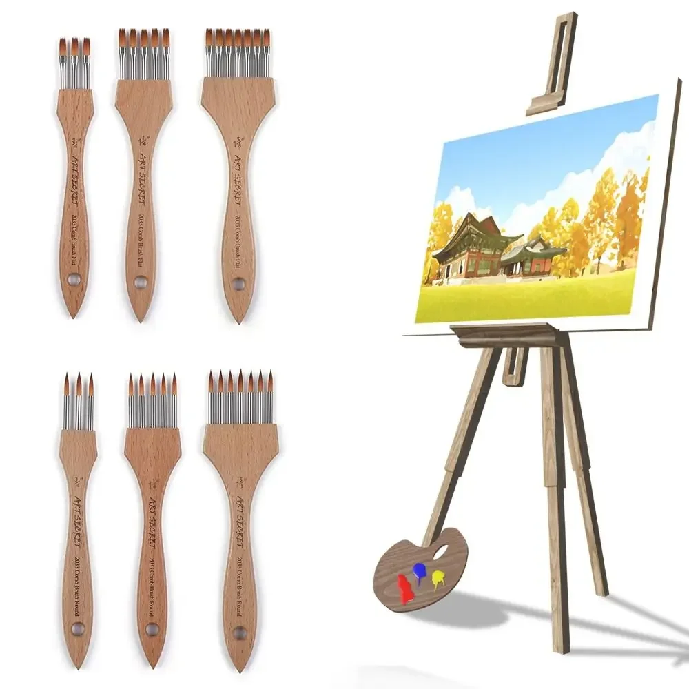 

Round/Flat Multi-Tooth Comb Brush Bamboo Handle Nylon Wool Watercolor Brush Painting Supplies Art Stationery Acrylic Paint Brush