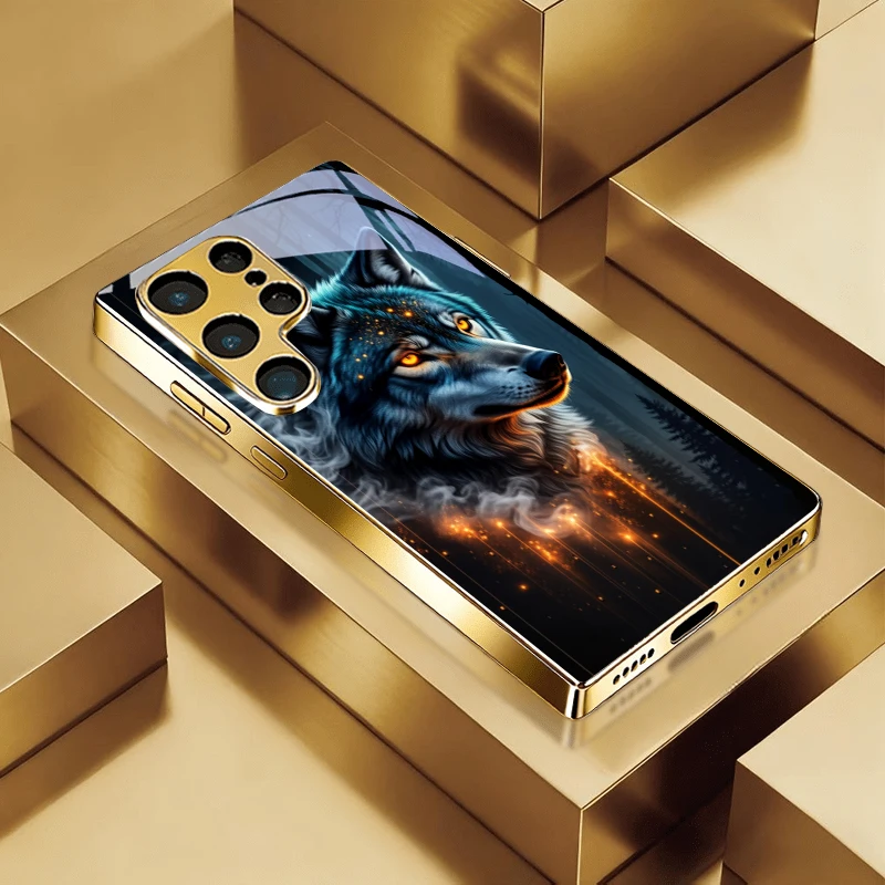 Magic Wolf Spark Golden Phone Case For Samsung A50/A51/A52/A53/A54/A55/A56/A57/A71/A72/A73/A31/A32/A34/A36/A37/A30s Glass Cover