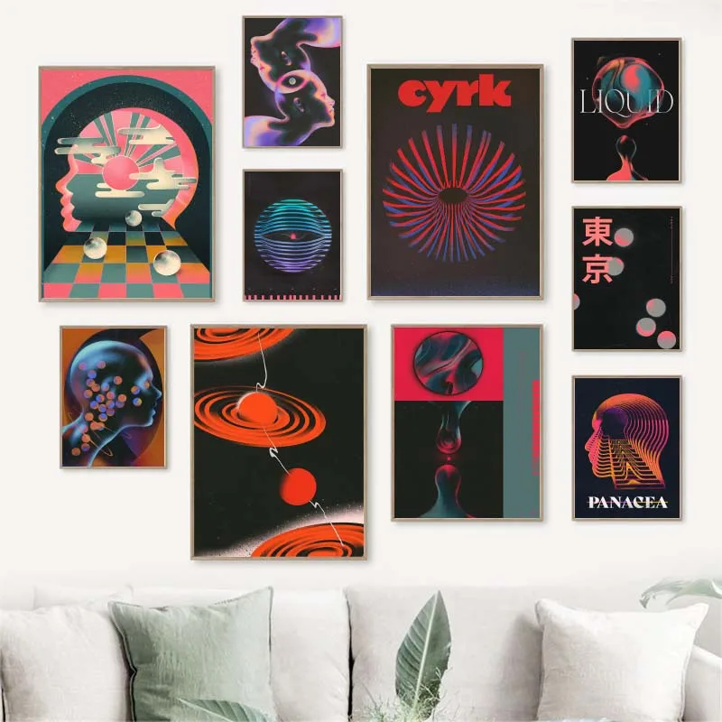 1 Stück rahmenlose abstrakte Futurismus-Wandkunst, dunkle, farbenfrohe Charakter-Geometrie-Leinwanddrucke, trendiges Retro-Poster für Wohnzimmer und Zuhause