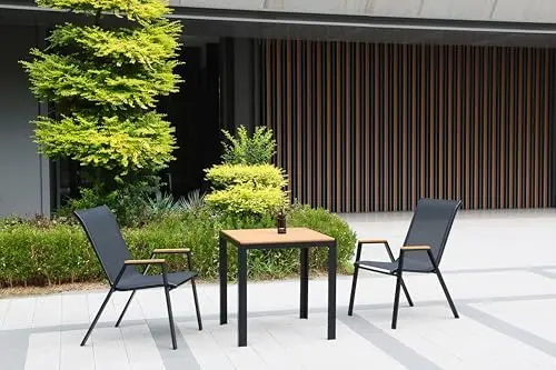 Patio Chairs, Outdoor Chairs Set of 4, Stackable Patio Sling Chairs with Faux Teak Arm Rest, Textilene Fabric, Metal