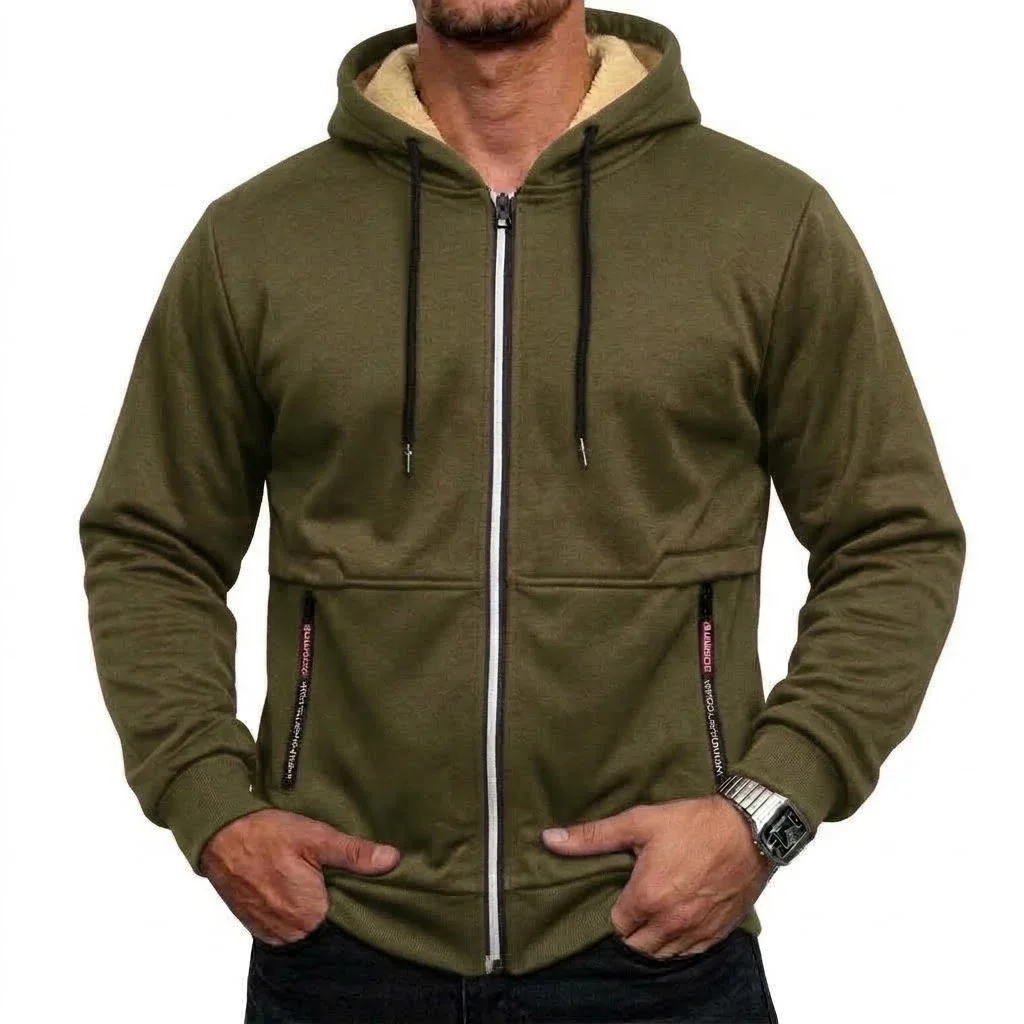 Neue Herren-Hoodie-Jacke mit Reißverschluss und Sherpa-Futter, Warme Dicke Winter-Fleece-Kapuzenjacke, Thermisches Freizeit-Oberbekleidungsstück, Schwergewichtiger Mantel – Detail 12