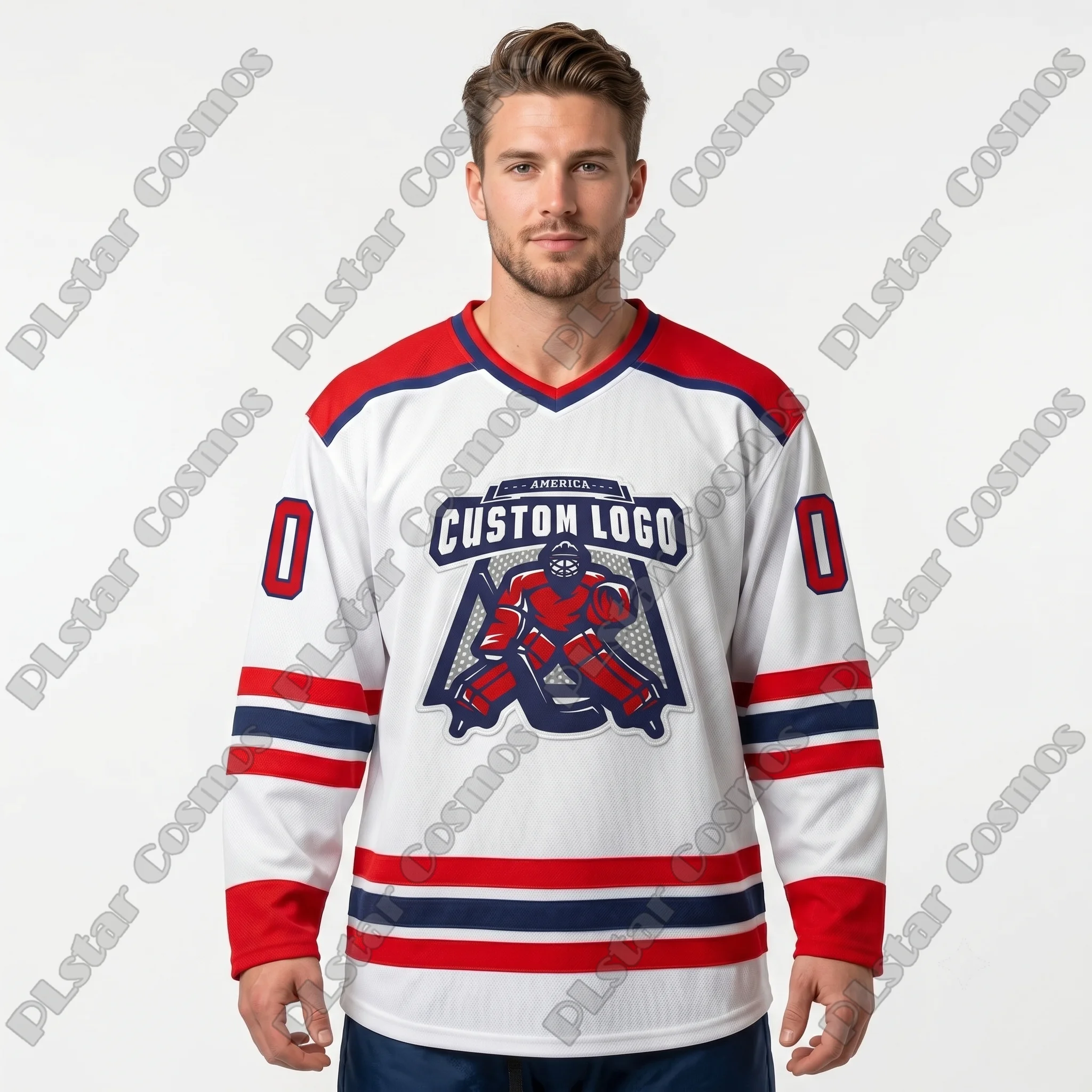 Custom Name & Logo White Red Navy 3D Printed Fashion Men's Hockey Jersey Summer Unisex Personali Sport Team Jersey Shirt BQ-07