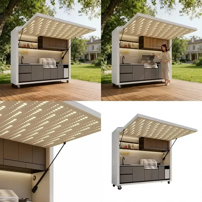 Mobile Outdoor Kitchen Unit Stainless Steel Grill Cabinet with Perforated Canopy Cooking Table