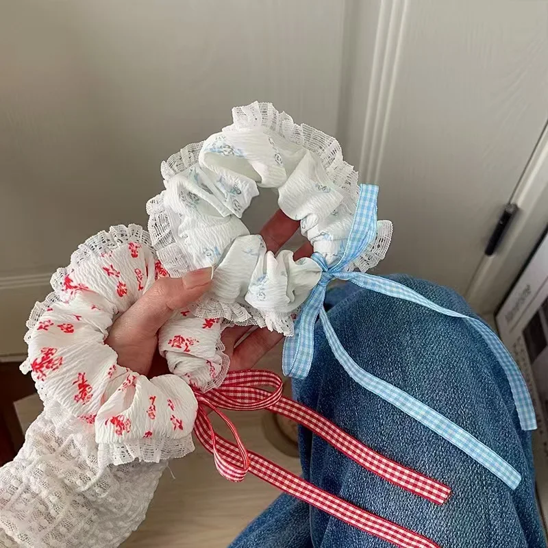 

New Spring Summer Floral Ballet Ribbon Lace Sweet Advanced Elastic Scrunchy Set for Women Hair Accessory Premium Portable