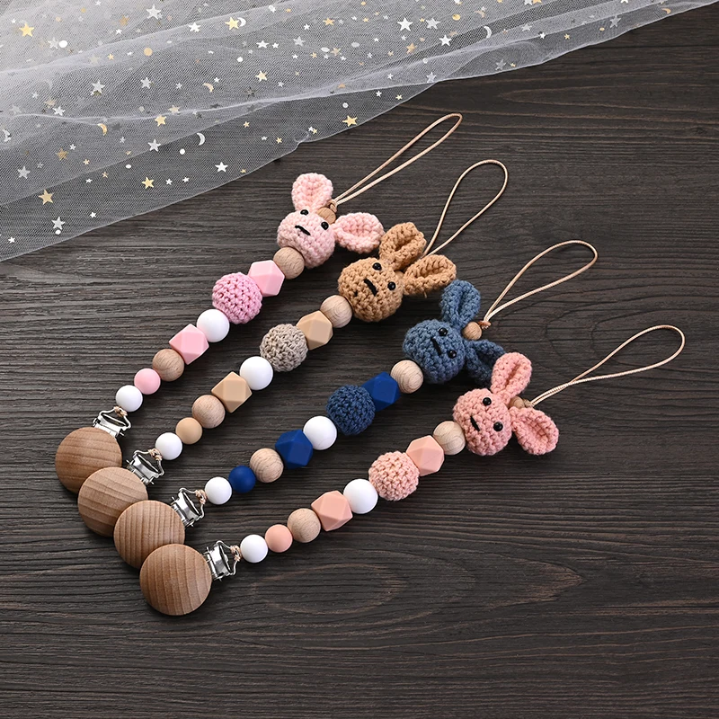 Beech Wood Baby Pacifier Clip Wooden Crochet Rabbit Teething Chain For Baby Teether Soother Nipple Chain Care Toy Infant Product