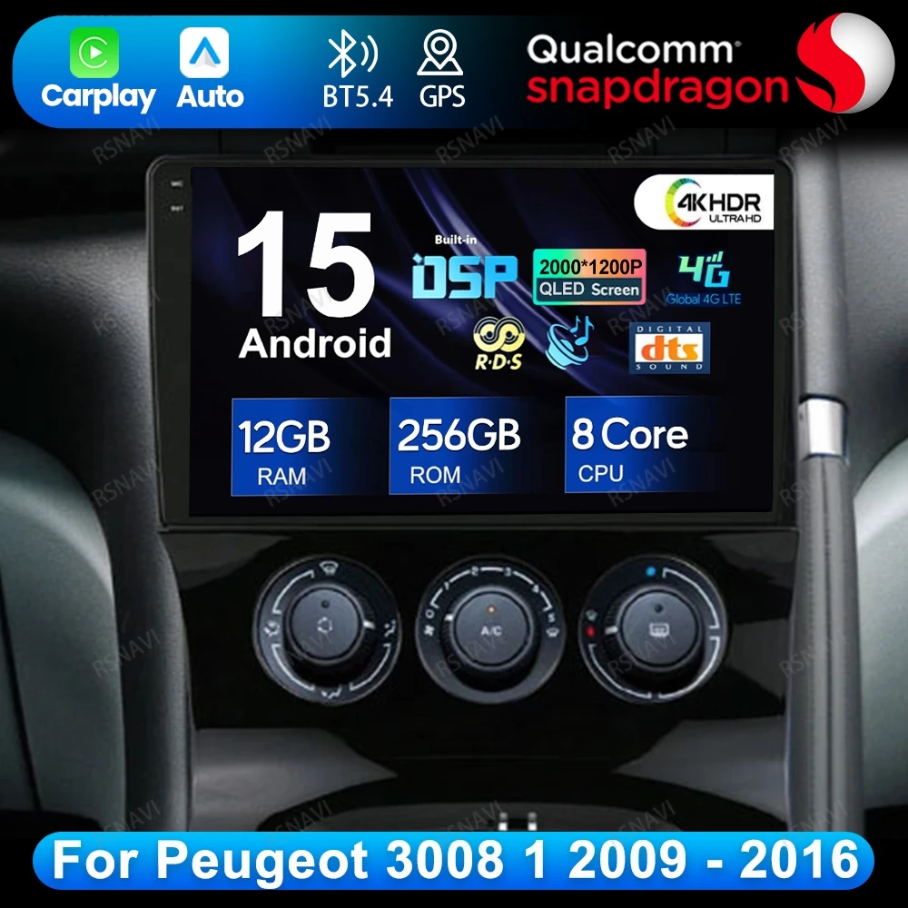 

Android 15 For Peugeot 3008 1 2009 - 2016 BT DSP DVD Autoradio Car Radio Head Unit QLED 4G LTE GPS Viedo Player Multimedia AUTO