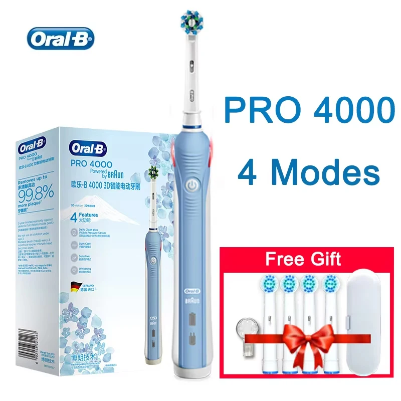 Oral B สมาร์ท 4000 แปรงสีฟันไฟฟ้าแบบชาร์จไฟได้สําหรับผู้ใหญ่ 3D การหมุนทําความสะอาด 4 โหมดการแปรง 2 Min Timer แปรงกันน้ํา