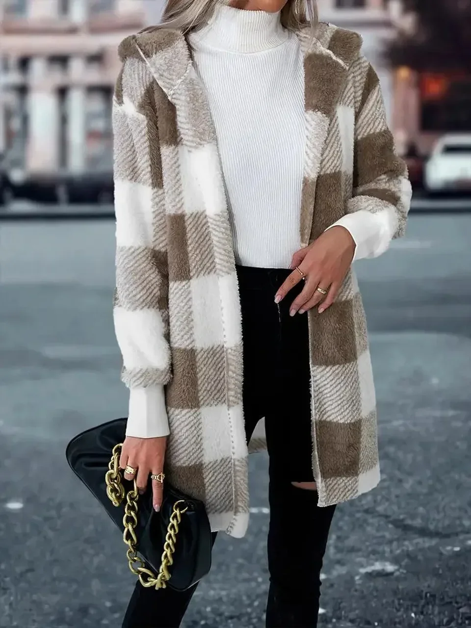 

Женская осенняя куртка с капюшоном, настраиваемая клетчатая