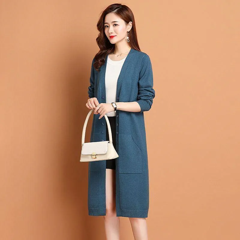 

Long Cardigan For Women Buttons Loose Sweater Jacket Knitwear Woolen Coat Temperament Spring Autumn Female Knit Jumper Pocket