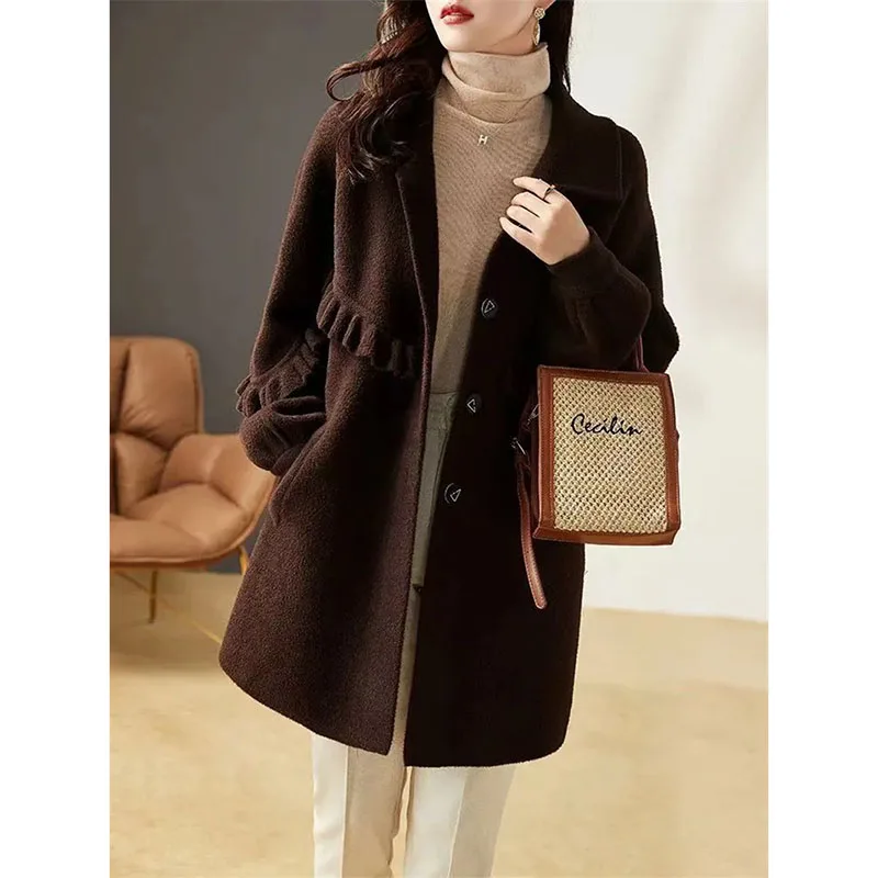 

2024 Brown Black Woolen Coat Women's Autumn Winter Plus Size Woolen Jacket Loose Mid-Long Fashion Overcoat Outerwears Female