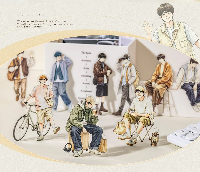 Journal GO 100pcs Youth Boys PET Sticker Set Fashion Guy Characters Decals for Journaling Card Scrapbooking and DIY Crafts