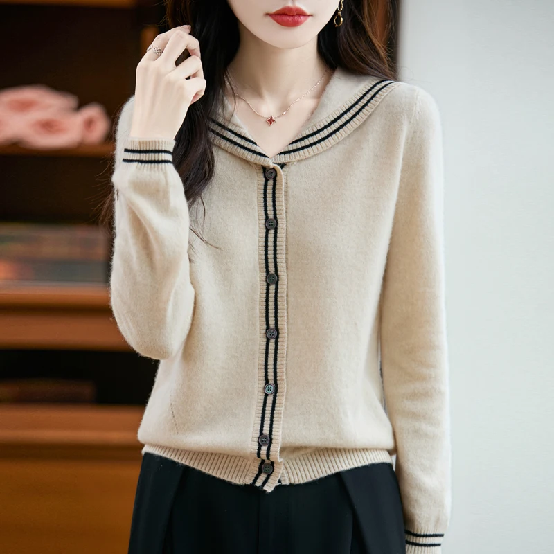

100% Pure Wool Sailor collar Color Knitted Cardigan For Women 2025 Autumn New Design Gentle Style Tops