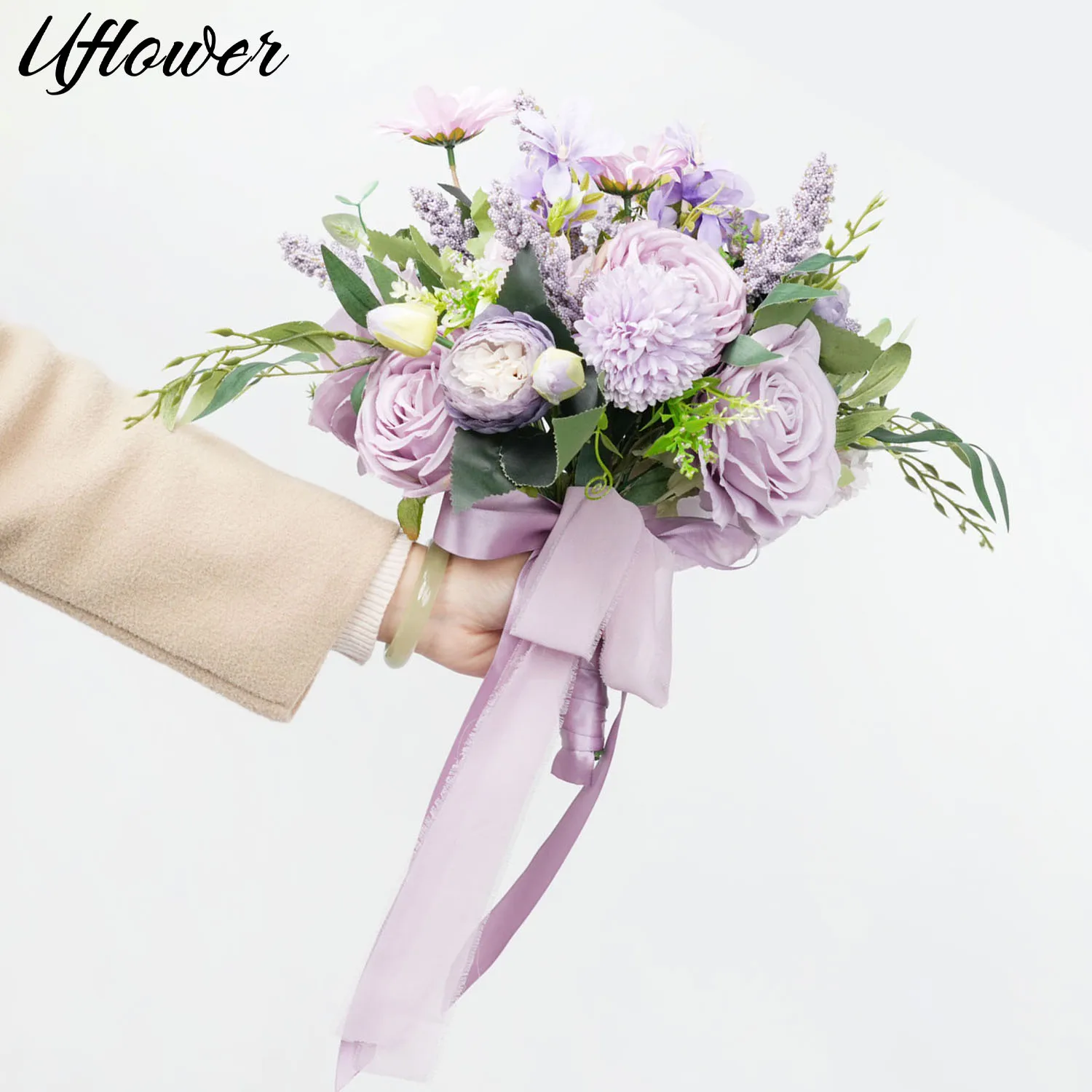

Uflower Holding Flowers Artificial Rose Wedding Bouquet with Silk Satin Ribbon Purple Bridesmaid Bridal Flowers Party Decoration