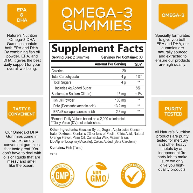 Omega 3 fish oil gummies, heart healthy DHA and EPA, joint and brain support, natural vitamins, 60 orange flavored capsules