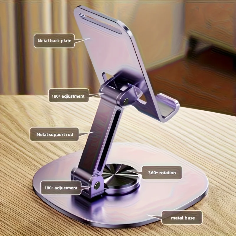 

Metal mobile phone holder,360 ° rotating desktop holder, with 2-stage adjustable folding design