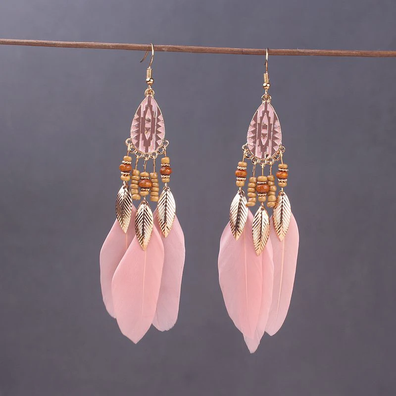 Boho Lange Feder Baumeln frauen Ohrringe Strand Lange Quaste Perlen Handgemachte Blume Emaille Ohrringe Braut Hochzeit Pendientes Mujer