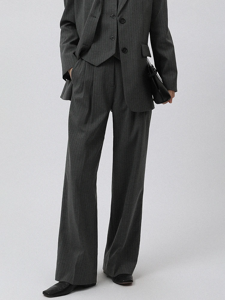 

Deep ey Stripe Straight Leg Pants Wide Leg Casual Trousers New Autumn Winter High Waist Polyester Long Pants MASJM