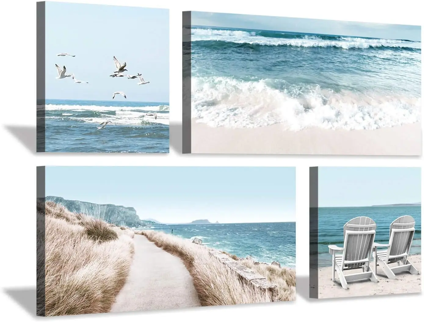 

Пляжная сцена Холст Настенное искусство: Прибрежные стулья и чайки Картина с принтом для гостиной (32 x 16 x 2 панели + 16 x