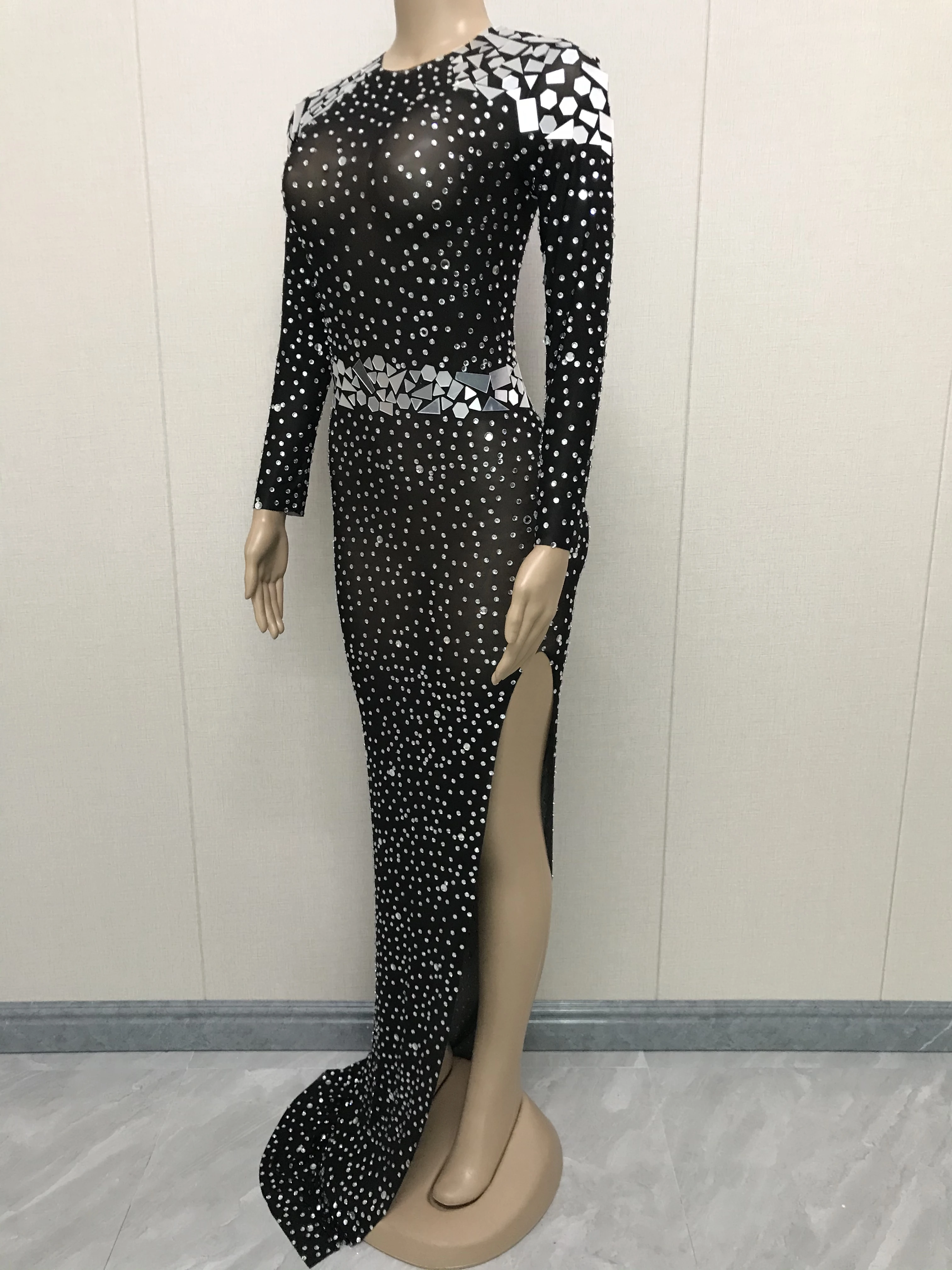 Shining Silver Rhinestone Black Mesh Transparent Evening Long Sleeves Mirrors Dress Evening Birthday Celebrate Costume Outfit