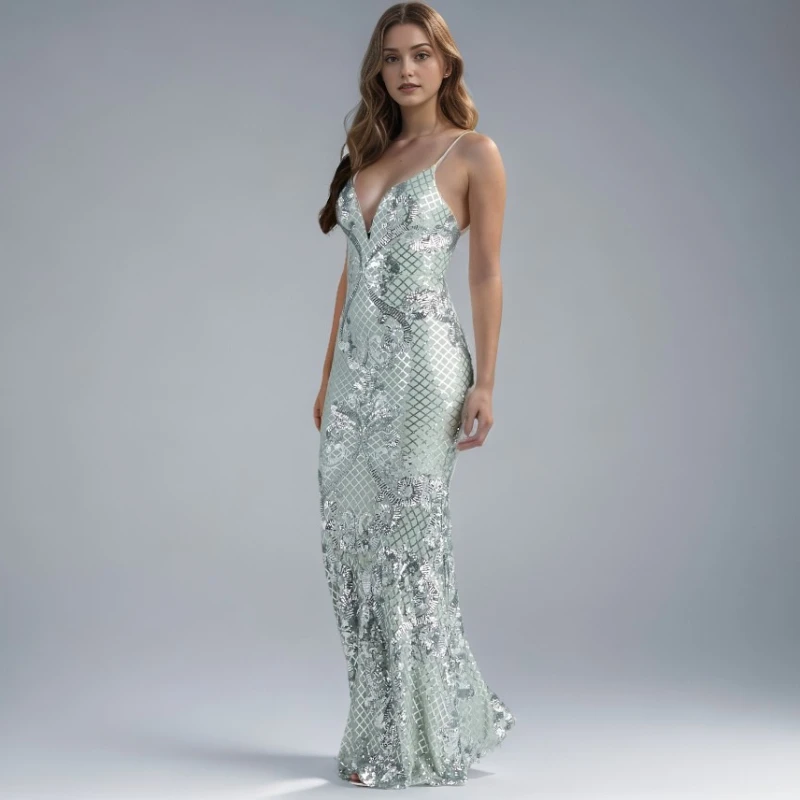 HotSale Gonna lunga a coda di pesce con scollo a V da donna Abito con paillettes Banchetto Host Etichetta Abito da sera Cerimonia di laurea Moda