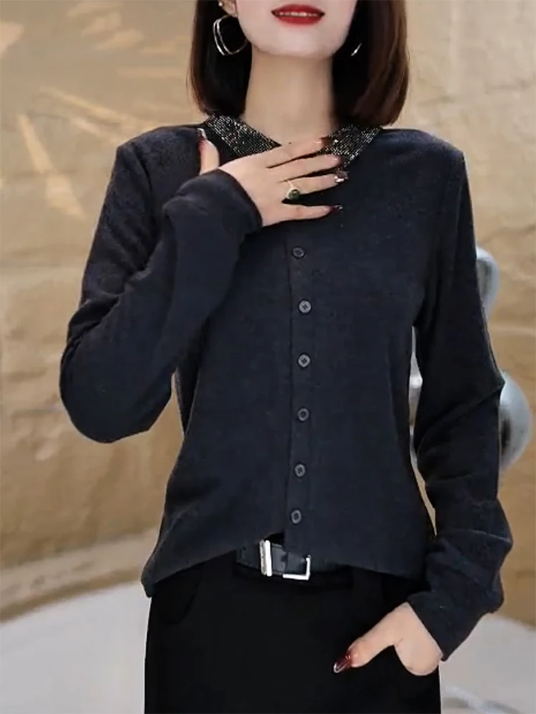 

Korean Sle High-End Knitted Cardigan Heavy Embroidery Splicing Autumn Winter New Faion Large Size Versatile Warmth Top