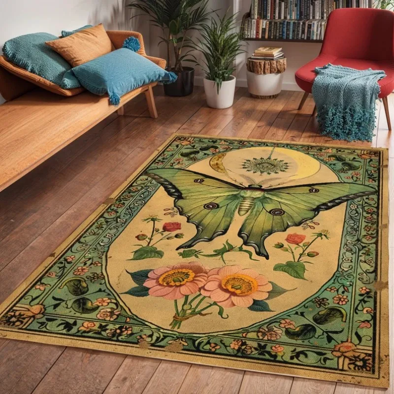 Floral Green Luna Moth Area Rug for Butterfly Bedroom Art Decor Cottagecore Living Room Carpet Animal Print Butterfly Themed Rug