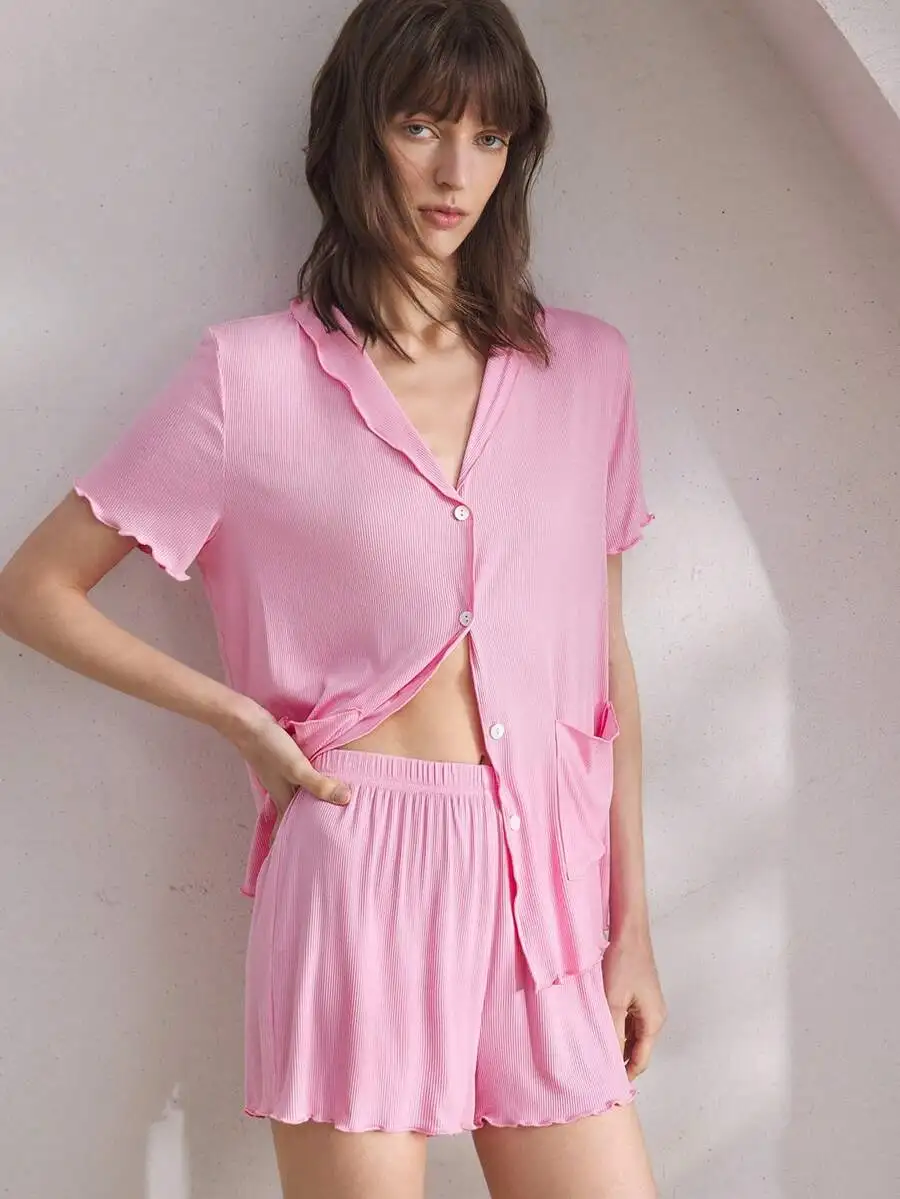 

Soft Ribbed Ruffle Collar Short Sleeve Pajama Set For Women