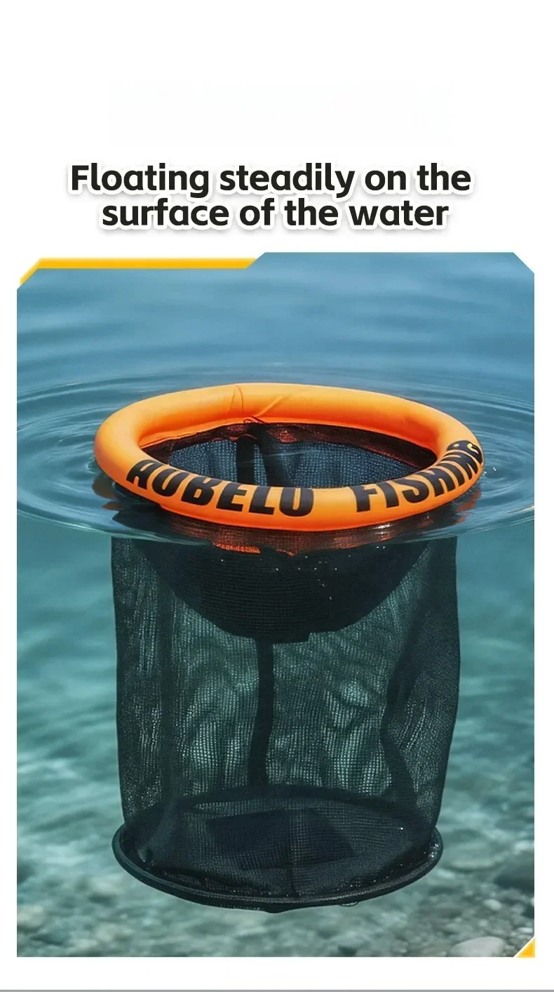 Neuer faltbarer runder schwimmender Fischkorb, Lebendgarnelenkäfig, Krabbenfalle für Wildfischfang im Bach, Strandfischerei-Ausrüstung – Detail 6