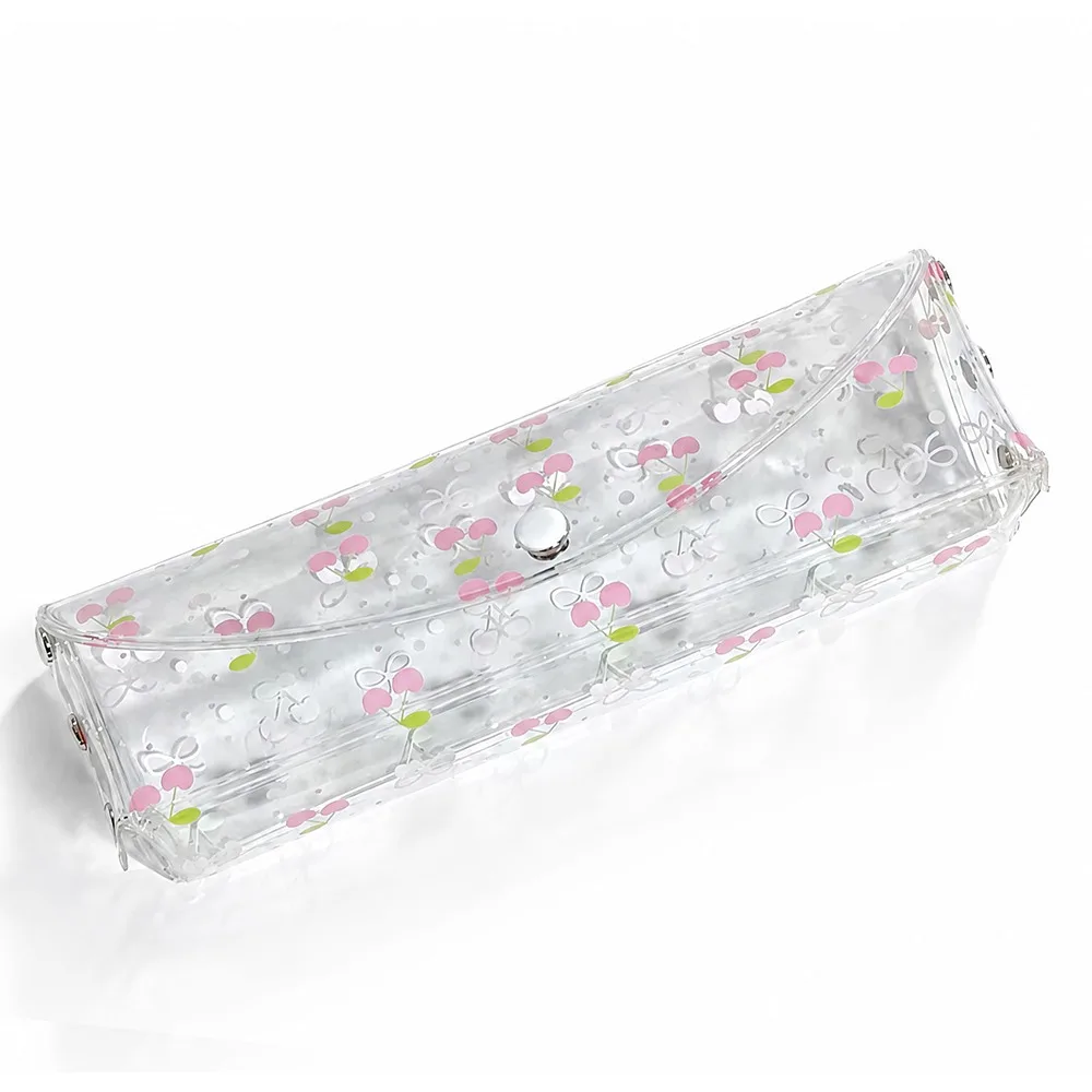 INS PVC Pencil Case Strawberry/Cherry Print Snap-button Type Stationery Pouch Transparent Stationery Bag School Office