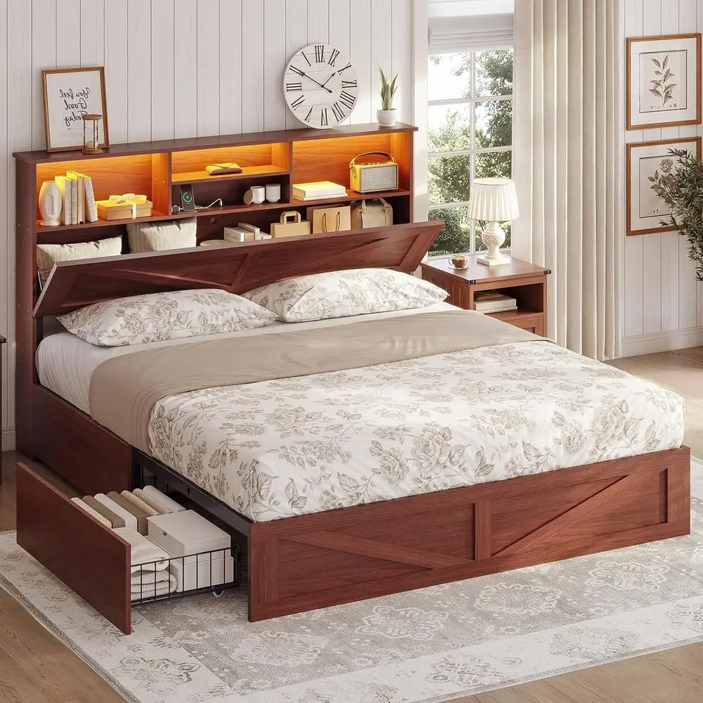 Aogllati Armhouse Queen Bed E With 4 Storage Ders And Led Lights, Wooden Bed E …