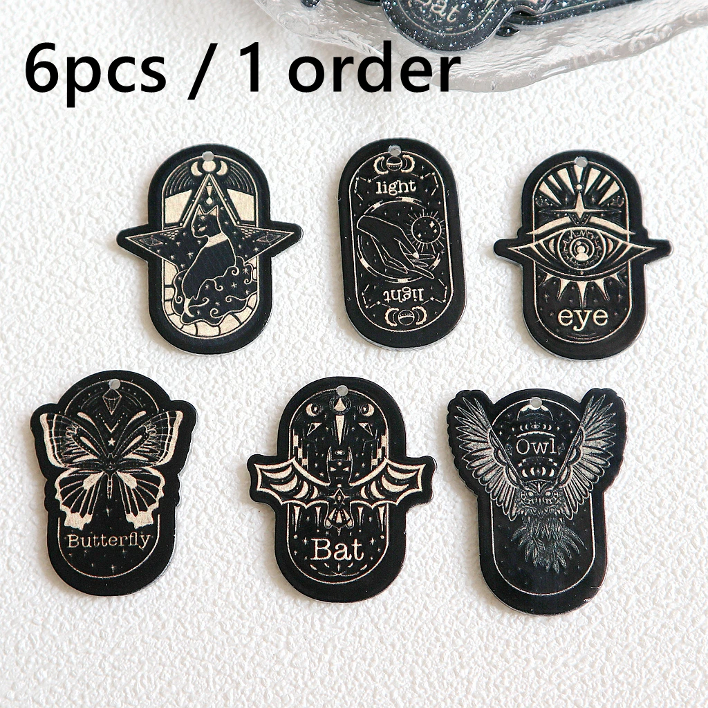 

6pcs Halloween Carnival Tarot Card Dark Acrylic Pendant Bat Owl Butterfly Relief Charms DIY Bracelet Jewelry Keychain Accessory