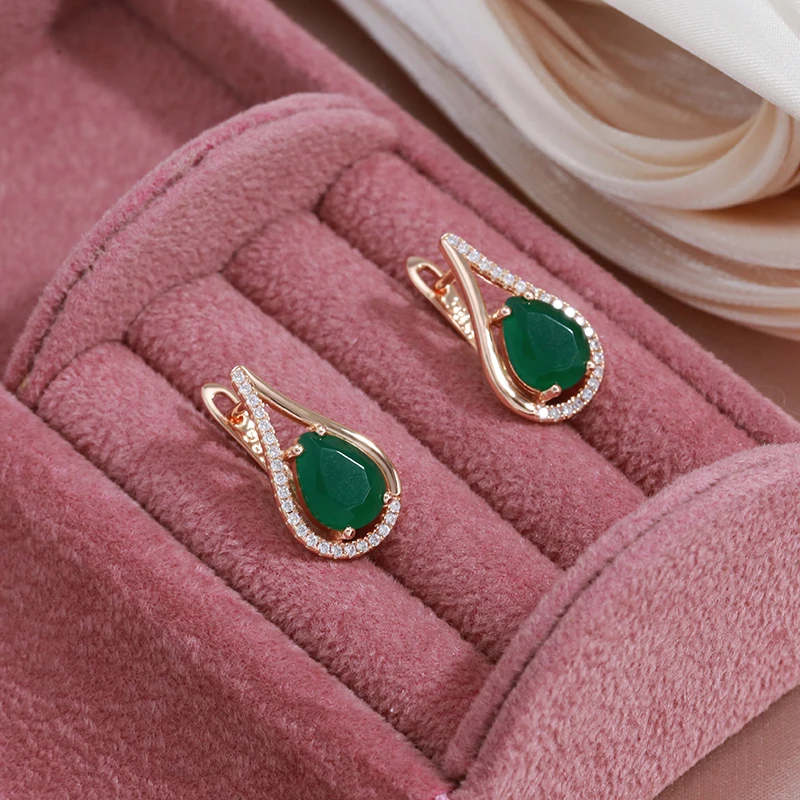 SYOUJYO Dark Green Natural Zircon Water Drop Earrings For Women Bride Wedding Jewelry Trendy 585 Rose Gold Color Dangle Earring