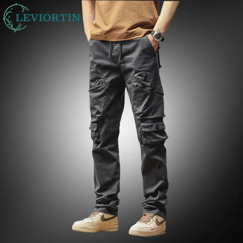 

2025 Мужская рабочая одежда, повседневные брюки с несколькими карманами, модные уличные дышащие свободные прямые брюки для бега в американском стиле