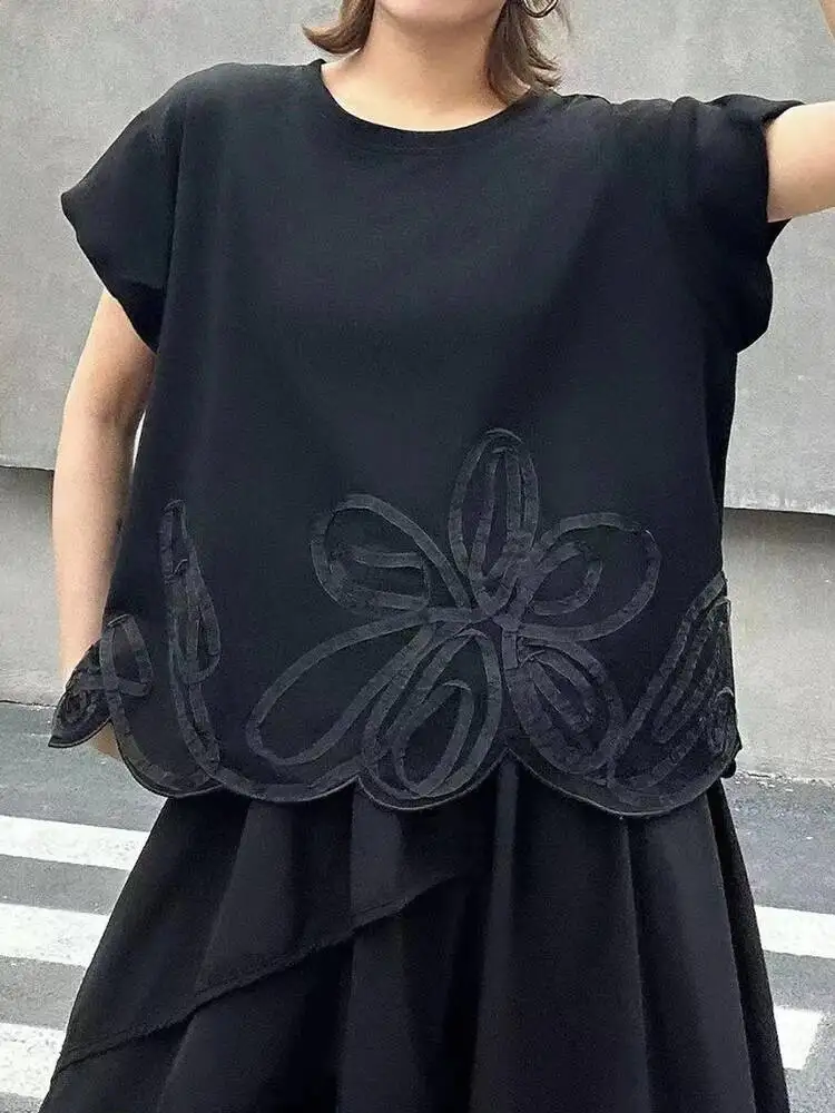 

Women Black Flower Irregular Hem Big Size T-shirt New Round Neck Short Sleeve Fashion Tide Spring Summer