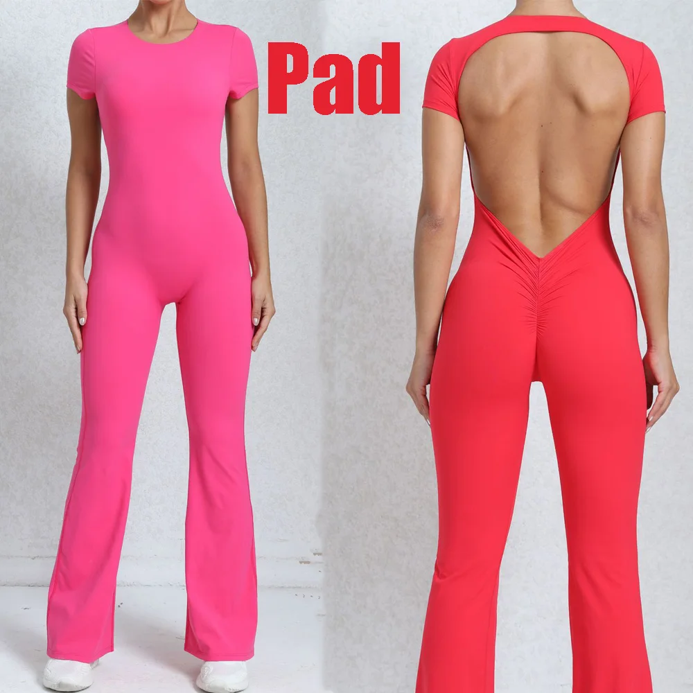 

2024 Nylon Pad Bunny Sportwear Fitness Yoga Set Workout Flared Legging One Piece Jumpsuit Pants Exercise Active Wear Bodysuit