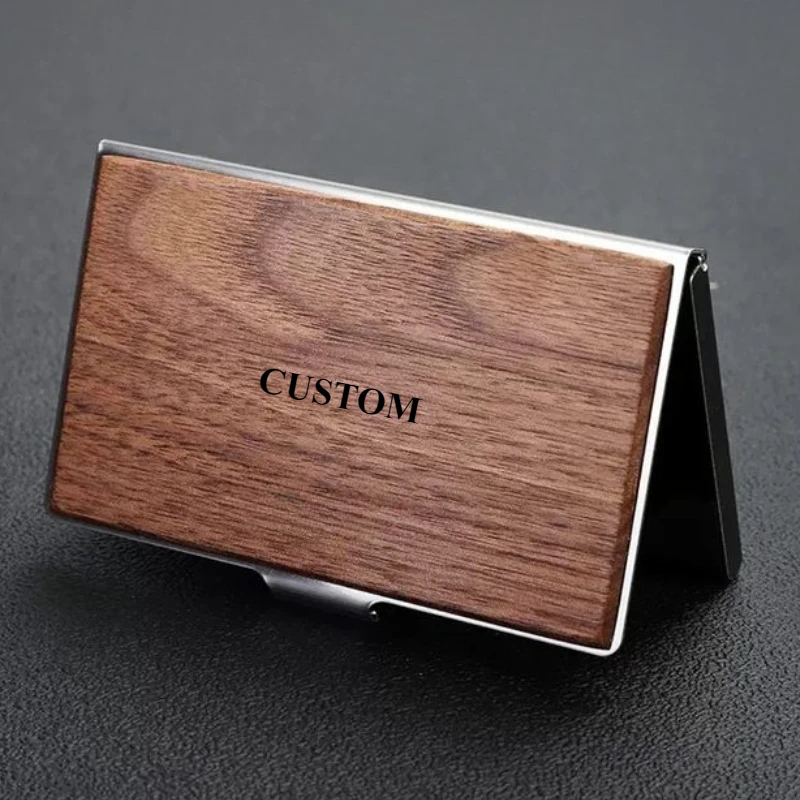 Custom LOGO Wooden Stainless Steel Metal Business Card Box Holder Laser Personalize Name Number Walnut Wood Bamboo Cardcase Gift