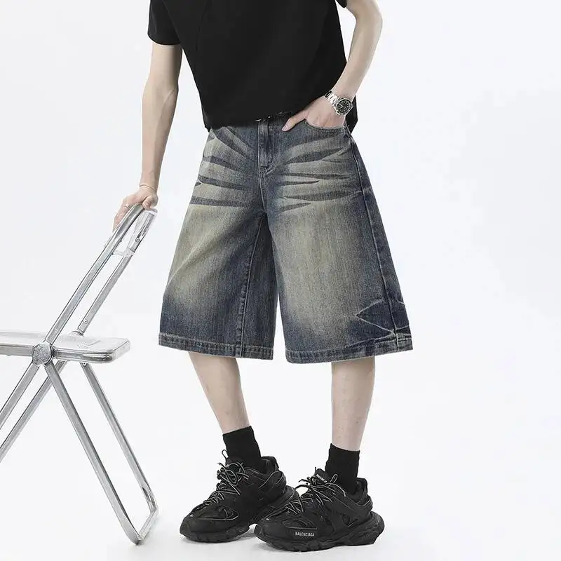 LUZHEN 2026 Summer Original Niche Design Pleated Pattern Gradient Washed Denim Cropped Trousers Men Stylish Shorts Jeans JY7211