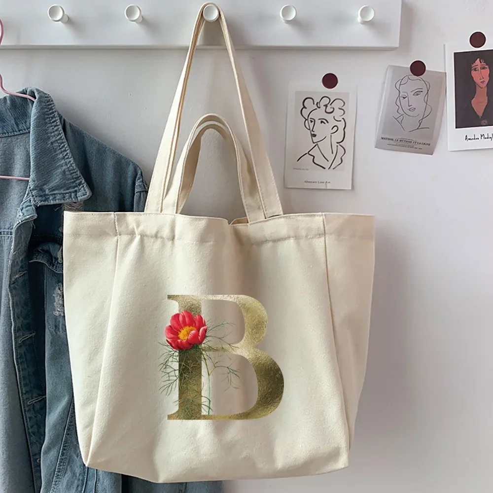 Shopping Bags Foldable Ladies Canvas Shoulder Bags Golden Flower Letter Name Printed Student Handbag Travel Work Totes Bags