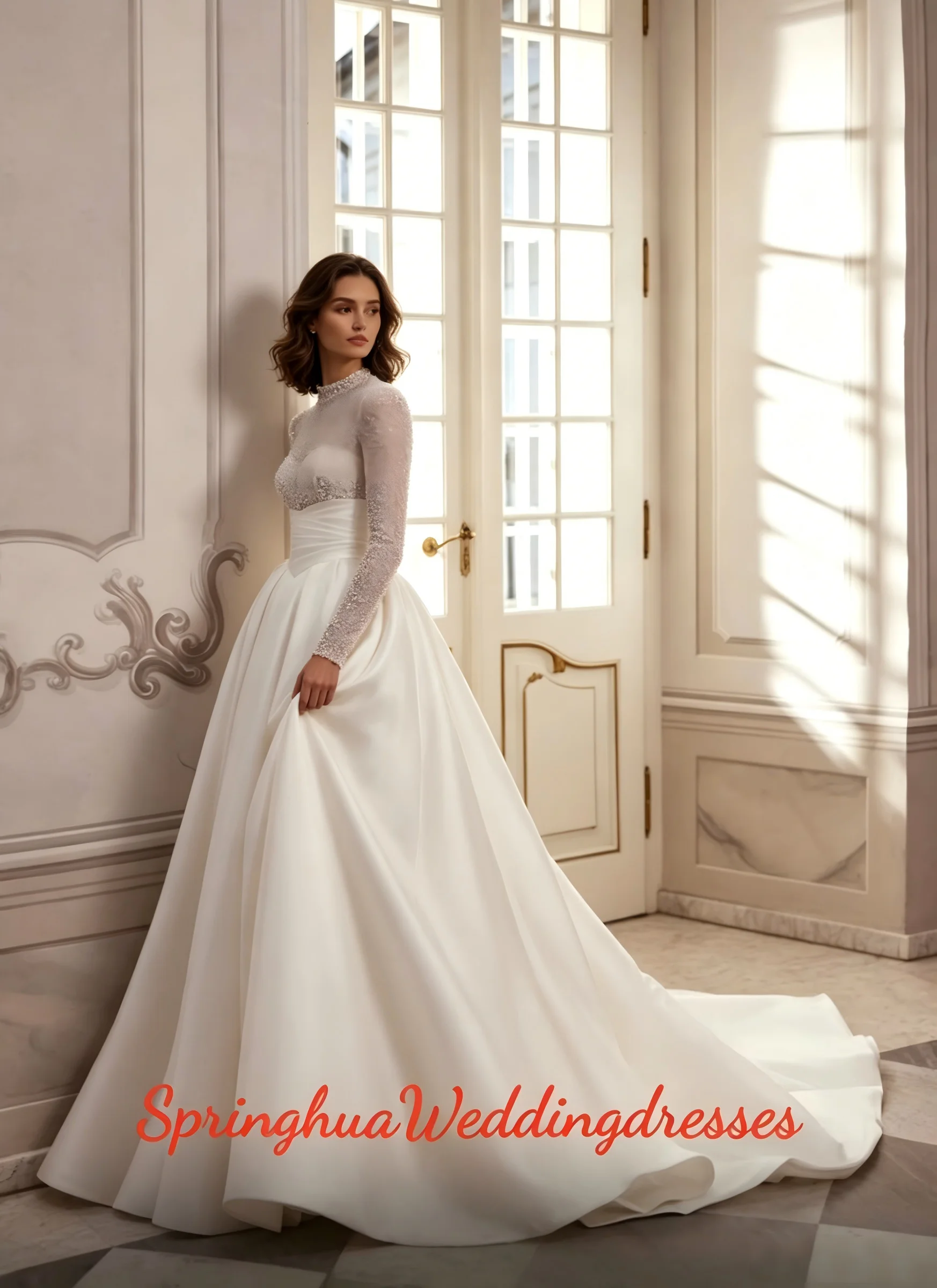 

Customized Fascinating A Line Women's High Neck Wedding Dresses Long Sleeve Pearls Bride Gowns Robe De Mariée Vestido De Novia