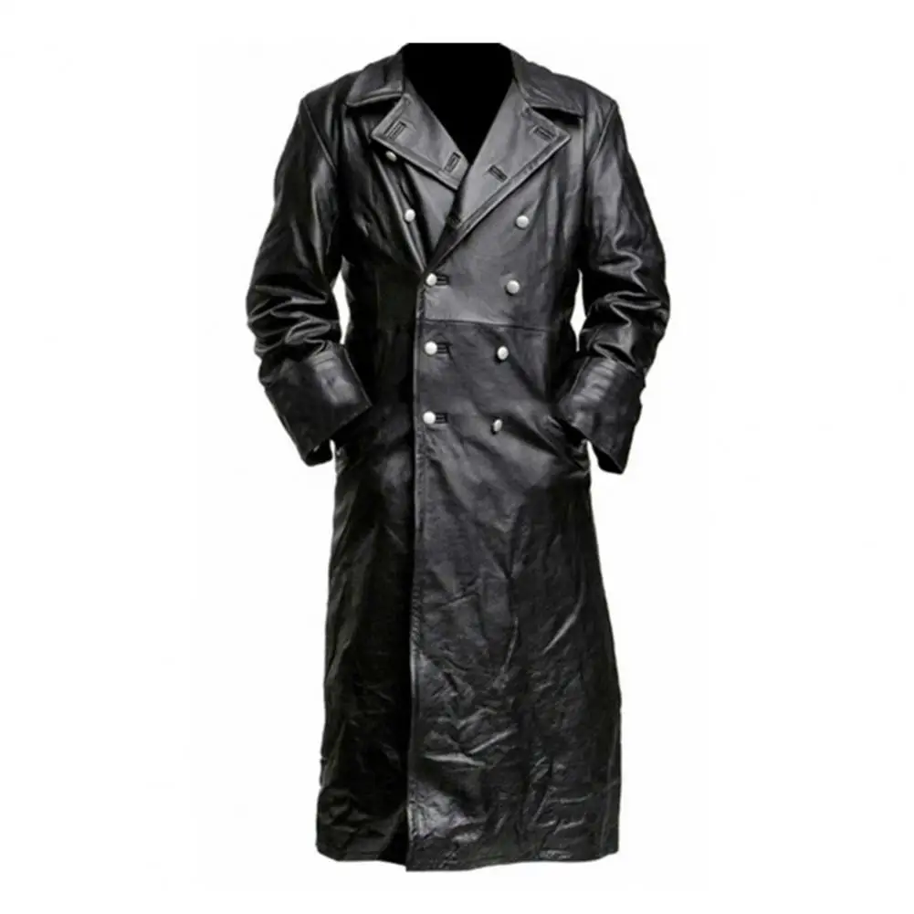 

Men's Faux Leather Jacket Lapel Long Sleeve Double Breasted Jacket with Pockets Solid Color Mid-length Outerwear