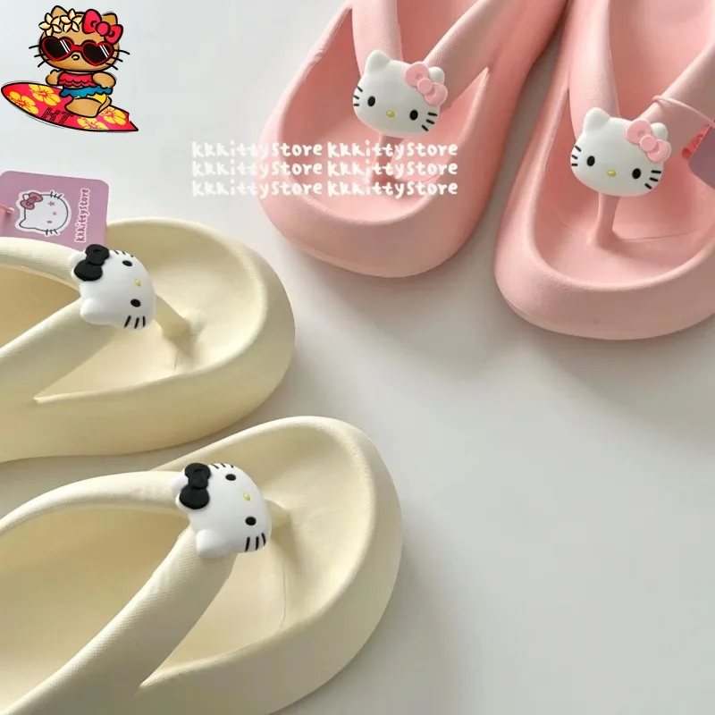 Black Hello Kitty Cartoon Kawaii Summer Slippers Platform Flip-flops Outside Wear Bathroom Non-slip Beach Woman Sandals Beach