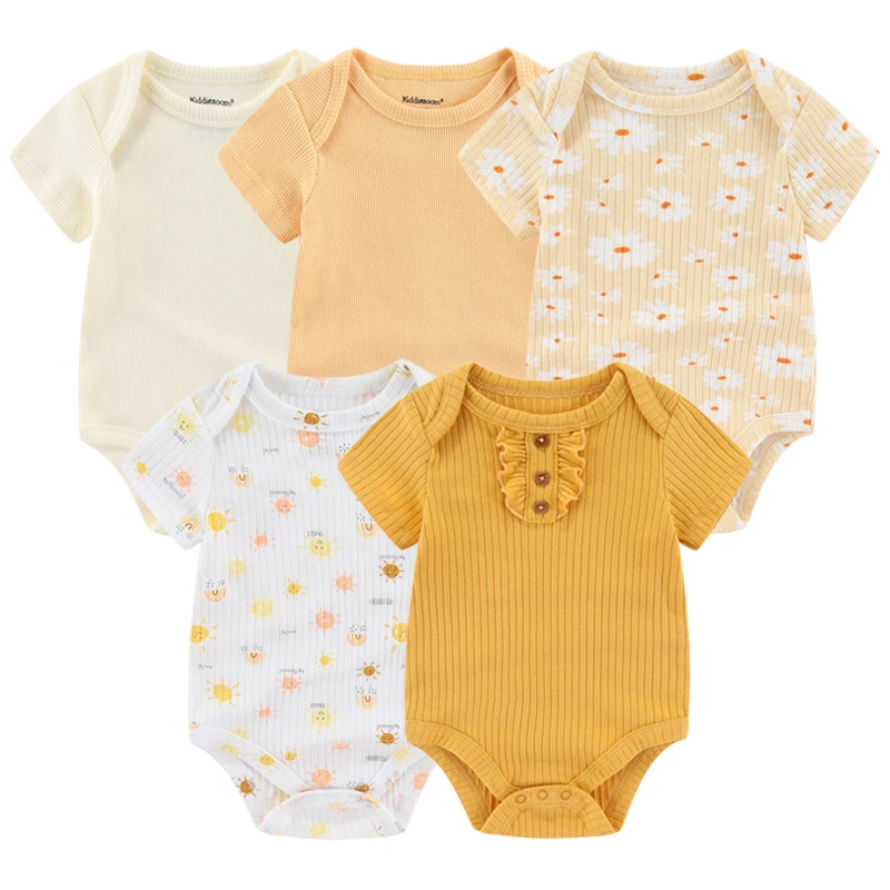 5Pieces Unisex Bodysuits Newborn Baby Girl Clothes Cotton Cartoon Baby Boy Clothes Set Solid Color Print Summer Bebes