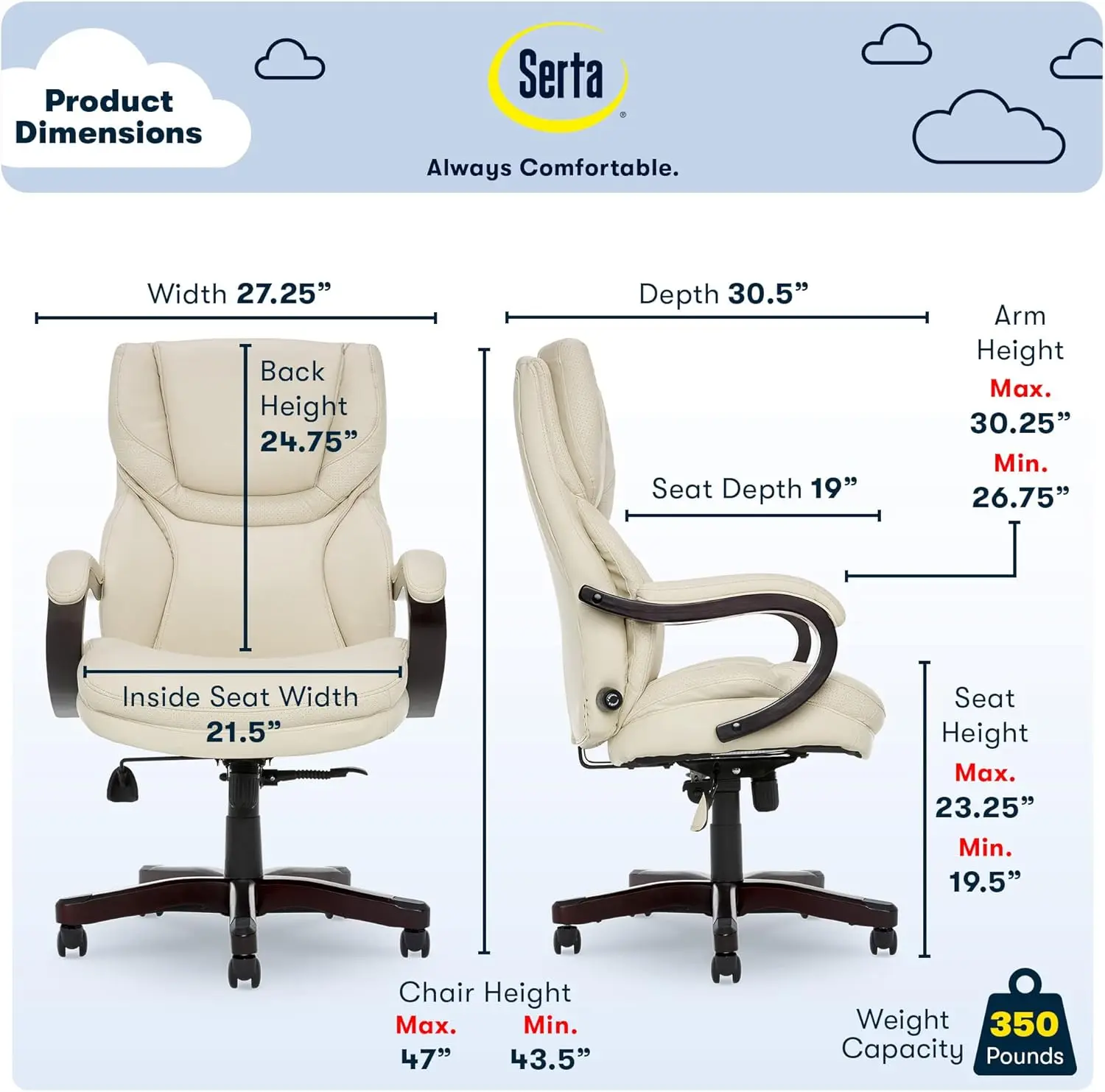 Serta® Conway Big & Tall Executive Office Chair, Ergonomic High-Back With Adjustable Lumbar, Semi Plush Cushion And Body