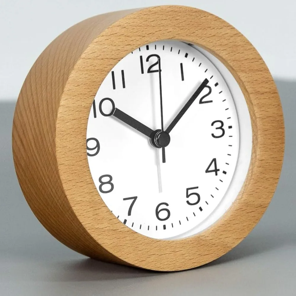 

3 Inches Round Wooden Alarm Clock with Arabic Numerals Non-Ticking Silent Backlight Battery Operated Wood Table Desk Alarm Clock