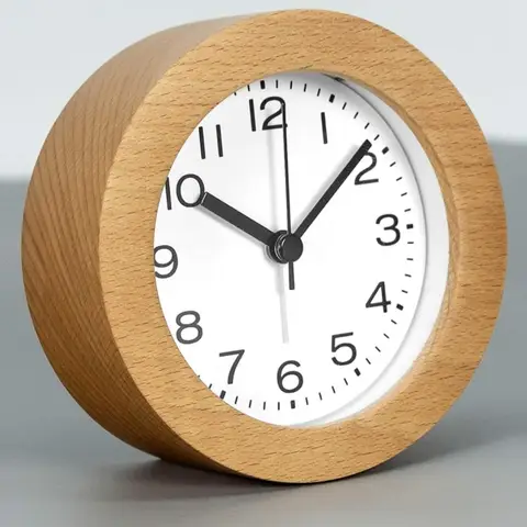 Réveil rond en bois de 3 pouces avec chiffres arabes, rétro-éclairage silencieux sans tic-tac, fonctionne à piles, réveil de bureau de Table en bois