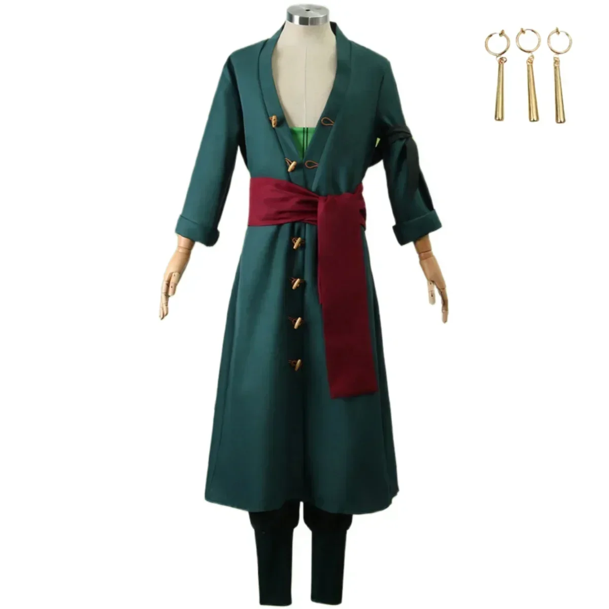2025 Costume d'Halloween de Samouraï avec Perruque Trempée pour Homme Adulte, Uniforme Vert, Vêtements d'Halloween