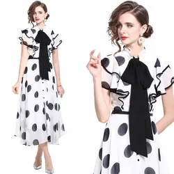 Women's Bow Collar Butterfly Sleeve Irregular Ruffles Chiffon Long Dress French Formal Occasion Single Breasted Polka Dot Dress