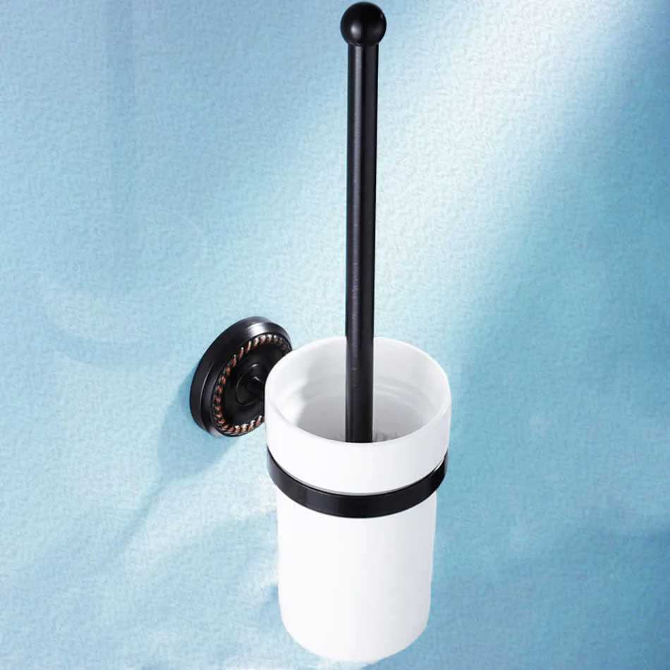 

Brushed Black Toilet Brush Holder Brass Wall Mounted Bathroom Hardware Lavatory Round Ceramic Cup WC Brush Rack Shelf Set